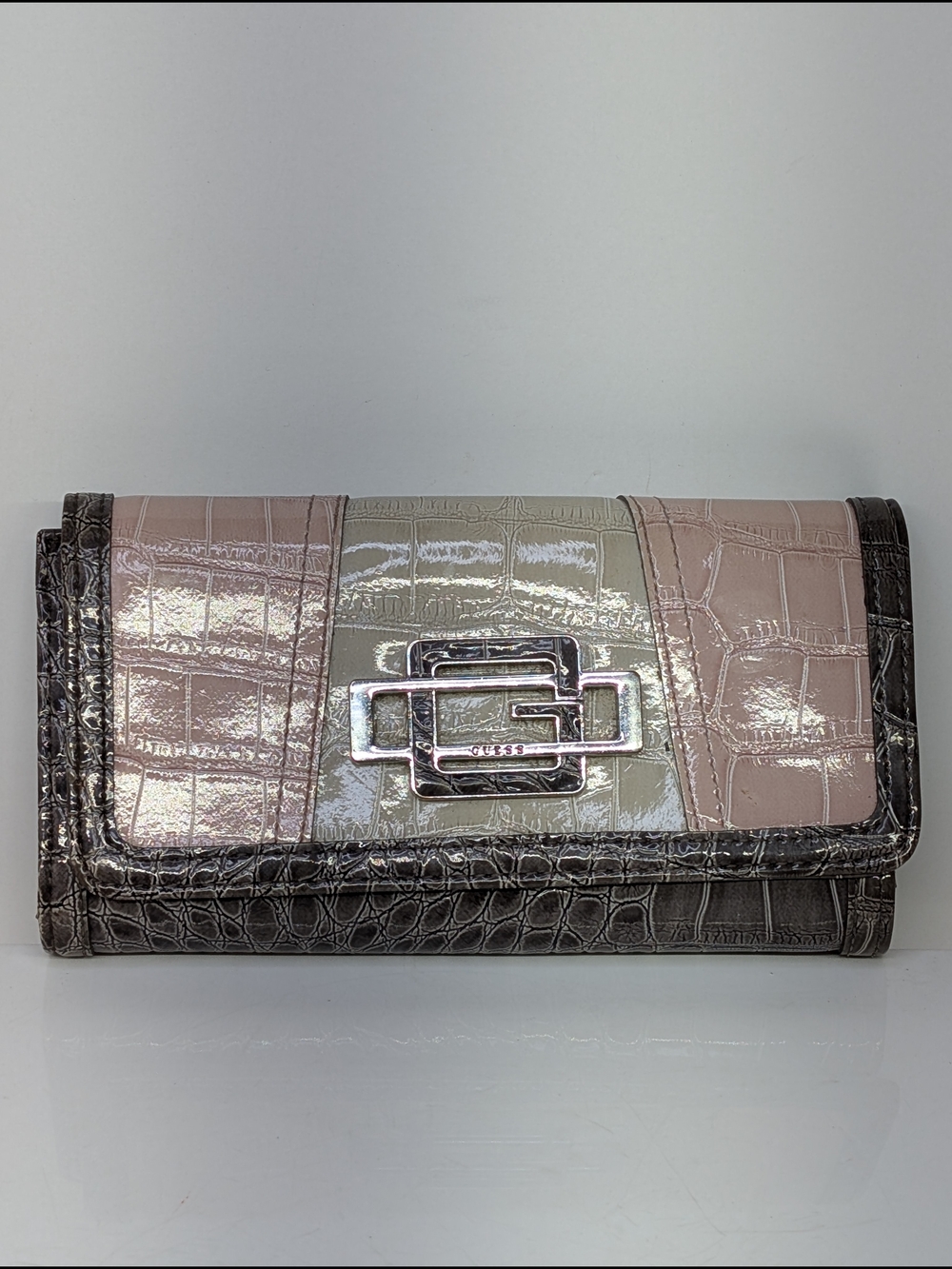Guess Tri-Panel Tan/ Mauve Croc Embossed Wallet Card Holder
